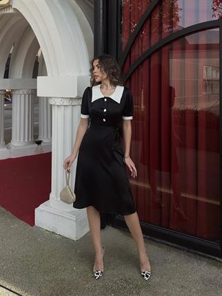 Maya Saten Bebe Yaka Düğmeli Midi Elbise