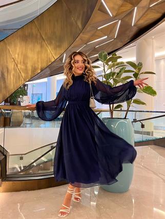 Melina Uzun Kollu Tül Elbise - Mavi