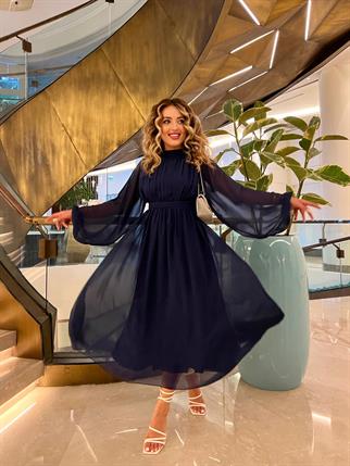 Melina Uzun Kollu Tül Elbise - Mavi