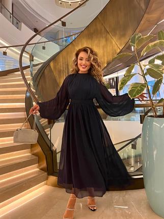 Melina Uzun Kollu Tül Elbise - Mavi