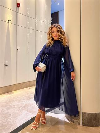 Melina Uzun Kollu Tül Elbise - Mavi