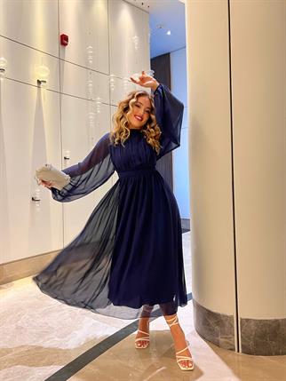 Melina Uzun Kollu Tül Elbise - Mavi