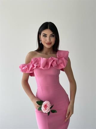 Midi Atlas Elbise -00012 - Pembe