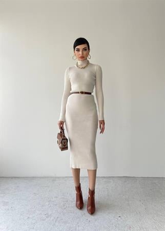 Miley Triko Balıkçı Yaka Elbise - Beyaz