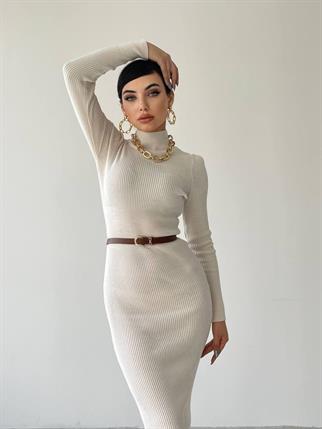 Miley Triko Balıkçı Yaka Elbise - Beyaz