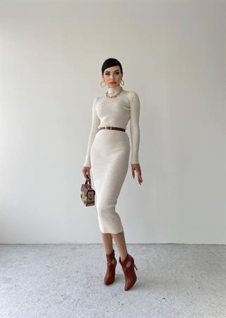 Miley Triko Balıkçı Yaka Elbise - Beyaz