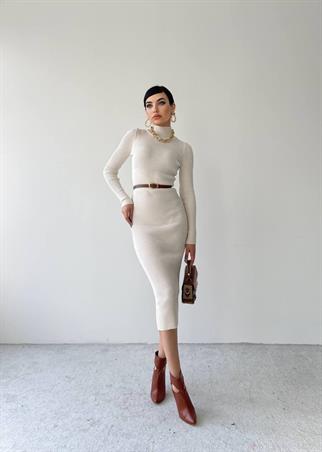 Miley Triko Balıkçı Yaka Elbise - Beyaz