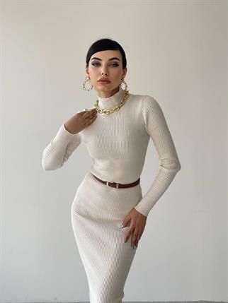 Miley Triko Balıkçı Yaka Elbise - Beyaz