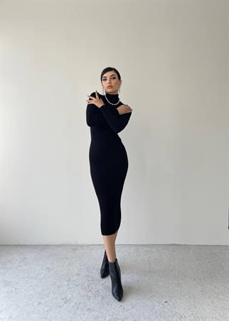 Miley Triko Balıkçı Yaka Elbise - Siyah