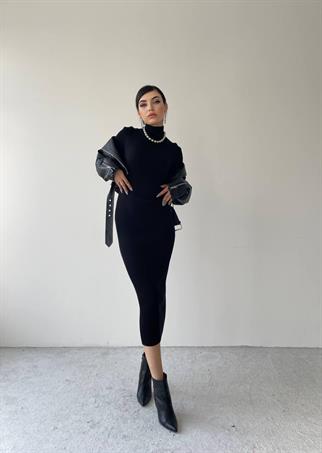 Miley Triko Balıkçı Yaka Elbise - Siyah