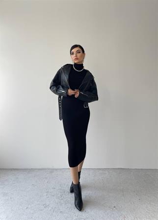 Miley Triko Balıkçı Yaka Elbise - Siyah