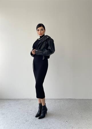 Miley Triko Balıkçı Yaka Elbise - Siyah