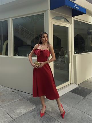 Minel Kurdele Detay Askılı Midi Atlas Elbise