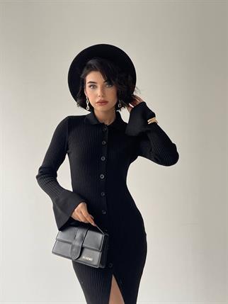 Miracle  Düğme Detay Triko Elbise Siyah