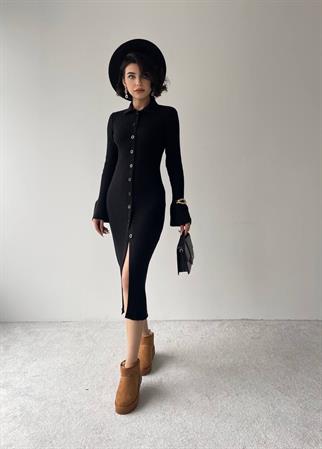 Miracle  Düğme Detay Triko Elbise Siyah