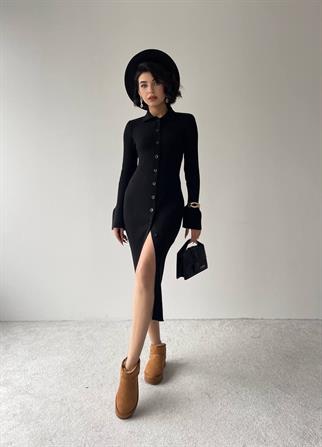 Miracle  Düğme Detay Triko Elbise Siyah