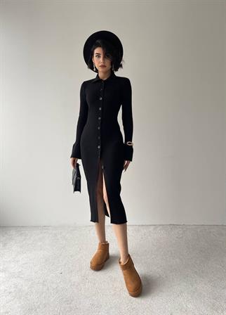 Miracle  Düğme Detay Triko Elbise Siyah