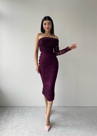  RENKLİ TEK KOLU TÜL DRAPELİ ELBİSE -6682 - Mor