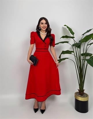 Natali Düğme Detay Atlas Elbise