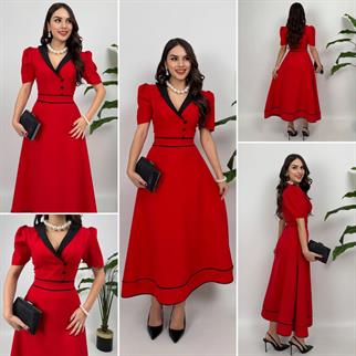 Natali Düğme Detay Atlas Elbise