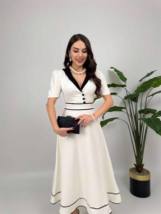 Natali Düğme Detay Atlas Elbise