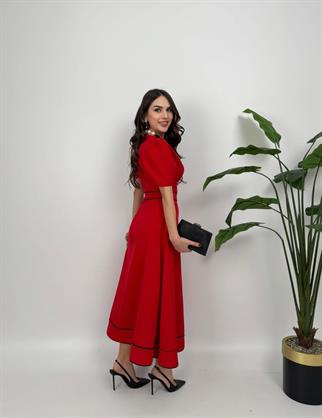 Natali Düğme Detay Atlas Elbise