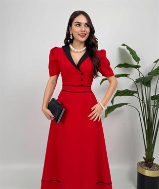 Natali Düğme Detay Atlas Elbise