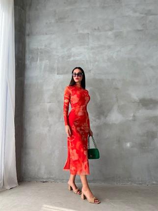 Nicola Streç Elbise - Nar Çiçeği