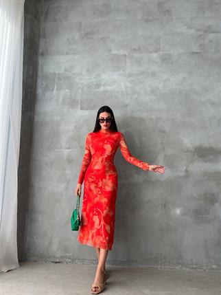 Nicola Streç Elbise - Nar Çiçeği