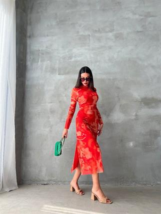 Nicola Streç Elbise - Nar Çiçeği