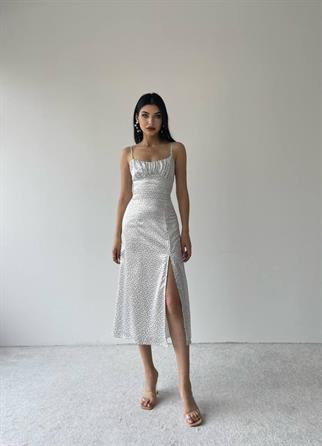 Nokta Desen Saten Yırtmaçlı Elbise - Beyaz