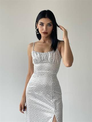 Nokta Desen Saten Yırtmaçlı Elbise - Beyaz