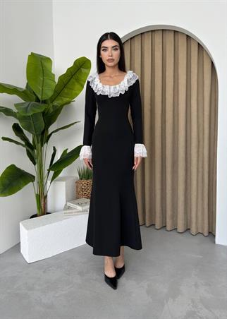 Oval Dantel Yaka Uzun Elbise