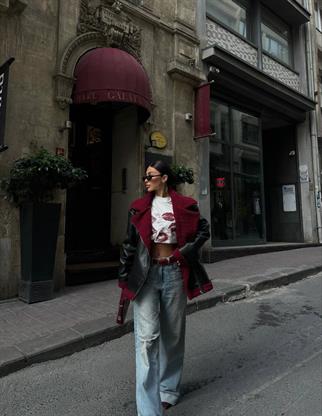 Oversize İçi Bordo Deri Kaban