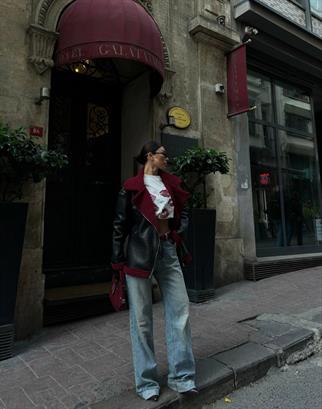 Oversize İçi Bordo Deri Kaban