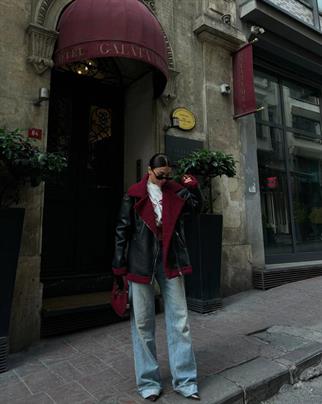 Oversize İçi Bordo Deri Kaban