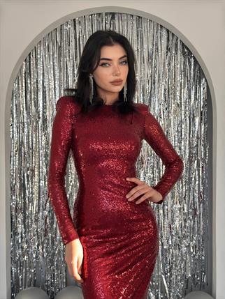 Payet Sırt Dekolteli Uzun Elbise