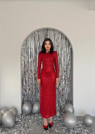 Payet Sırt Dekolteli Uzun Elbise