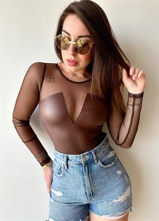 Peet Deri Tül Body - Kahve