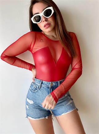 Peet Deri Tül Body - Kırmızı