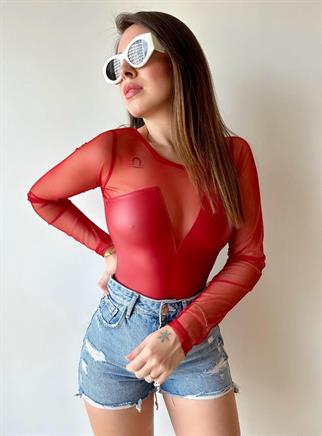 Peet Deri Tül Body - Kırmızı