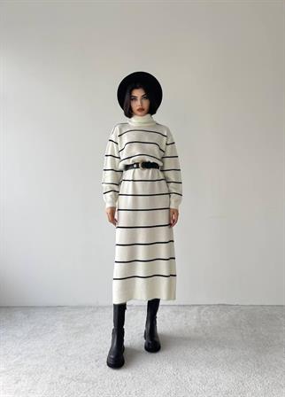 Pier Triko Çizgili Uzun Elbise - Krem