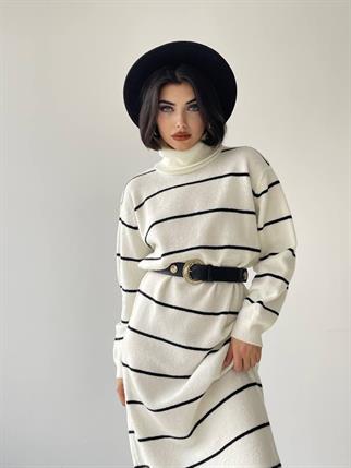 Pier Triko Çizgili Uzun Elbise - Krem