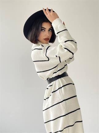 Pier Triko Çizgili Uzun Elbise - Krem
