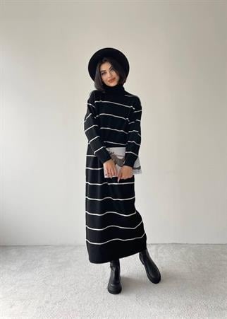 Pier Triko Çizgili Uzun Elbise - Siyah