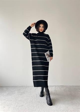 Pier Triko Çizgili Uzun Elbise - Siyah