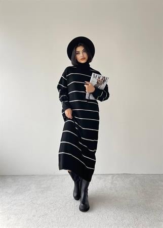 Pier Triko Çizgili Uzun Elbise - Siyah