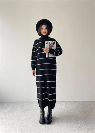 Pier Triko Çizgili Uzun Elbise - Siyah