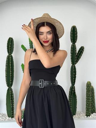Poplin Kemerli Askılı Elbise