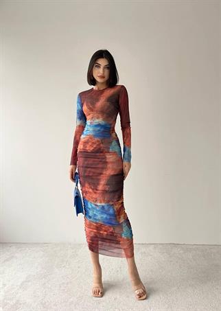 Rainbow Uzun Streç Büzgülü Renkli Elbise